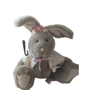 Russ Misty jointed stuffed rabbit pink ribbon flower w/shall tan beige fur 6 in